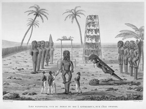Ilhas Sandwich: Vista do Morai do rei, Kayakakoua na ilha de Owhyhi, de &39;viagem ao redor do mundo sobre as corvetas de Urania 1817-29&39; gravado por Lejeune, publicado em 1825 (gravado